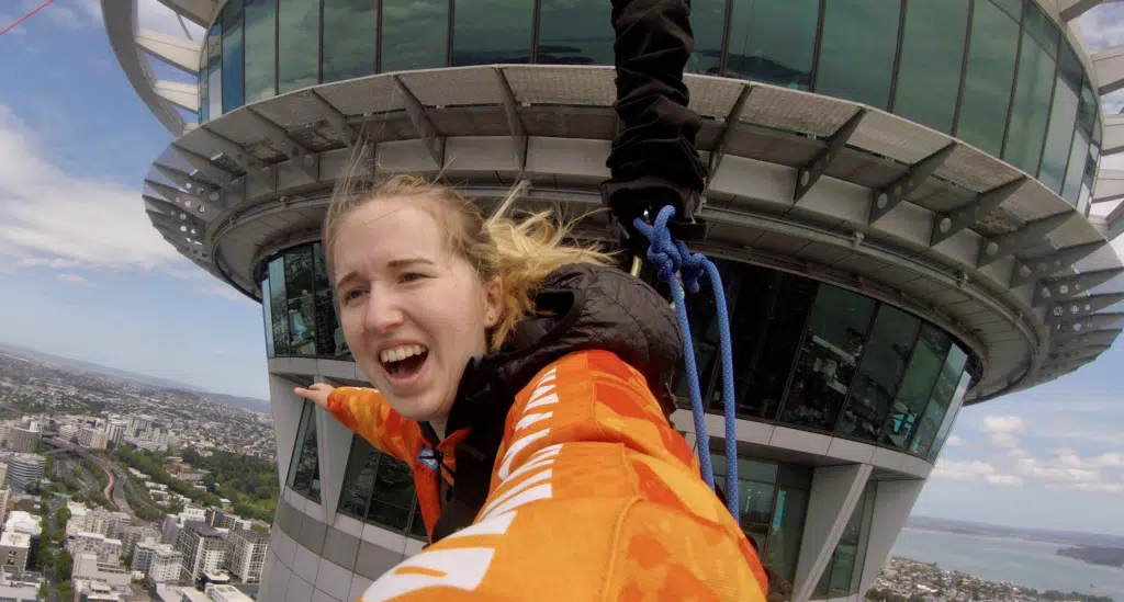 Jackie jumping off the Auckland SkyJump during her 1 day in Auckland